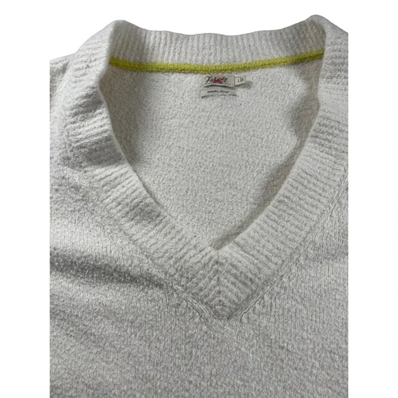 Faherty V Neck Fuzzy Knit Sweater White Neon Green Stripe Accent Size L - Picture 3 of 7
